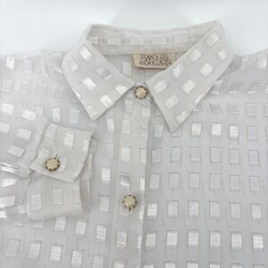 Sheer White Gold Checkered Button Up Blouse/Coverup Top Long Sleeve Sand Dollars